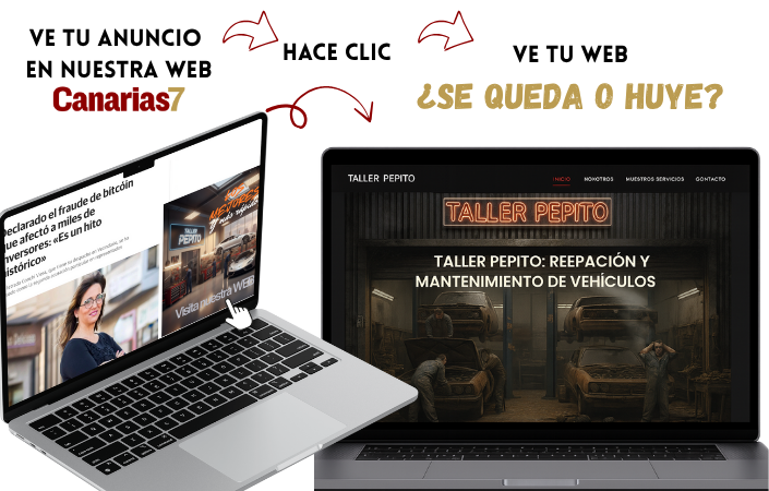 La imagen muestra la diferencia entre un bonito banner publicado en la web de canarias7.es y la triste realidad de una página web mal conservada del anunciante